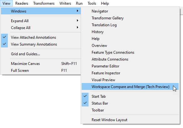 Finding Workspace Compare and Merge in the menu